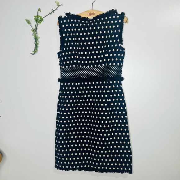 Tory Burch Navy Blue Evelyn Polka Dot Jacquard Sheath Dress Size 4 Fringe - Picture 11 of 12